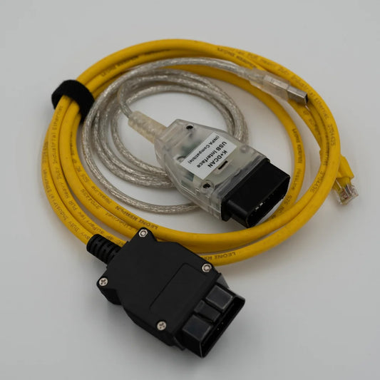 ENET KDCAN coding cable featuring yellow and clear connectors for BMW remote coding and tuning.