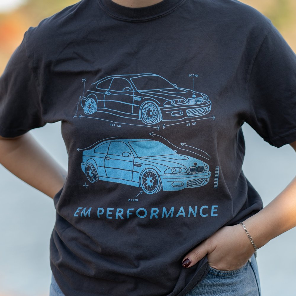 E46 M3 graphic t-shirt featuring a retro design of the BMW E46 M3 on a dark background.